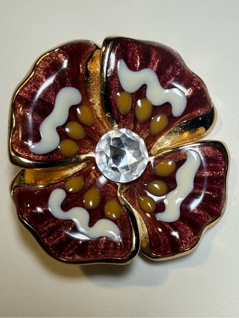 Vintage CHRISTIAN DIOR Gold Plated Brown & Ivory Floral Brooch Crystal Center